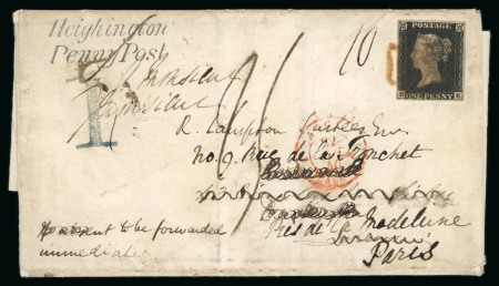 Stamp of Great Britain » 1840 1d Black and 1d Red plates 1a to 11 1840 (Oct 12) printed circular from Durham, bearing 1840 1d black pl. 4 EE, redirected to France