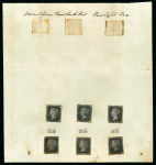 Stamp of Great Britain » Line Engraved Essays, Plate Proofs, Colour Trials and Reprints 1840 (June) Paper, Gum and Cancellation trials archive page bearing 6 1840 1d black pl. 7 trial printings on the lighter weight paper