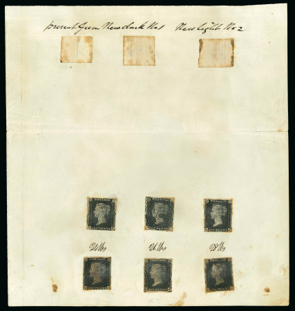 Stamp of Great Britain » Line Engraved Essays, Plate Proofs, Colour Trials and Reprints 1840 (June) Paper, Gum and Cancellation trials archive page bearing 6 1840 1d black pl. 7 trial printings on the lighter weight paper