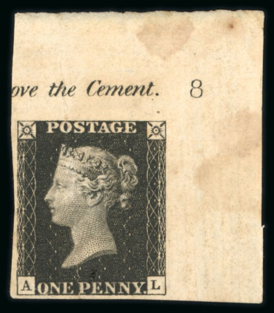 Stamp of Great Britain » 1840 1d Black and 1d Red plates 1a to 11 1840 1d. black pl.8 AL corner marginal example showing part inscription "ove the Cement" and Plate number "2"