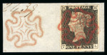 Stamp of Great Britain » 1840 1d Black and 1d Red plates 1a to 11 1840 1d. black, Pl. 2, TL, good to very large margins, neatly tied to small piece by a superb strike of the red Maltese cross
