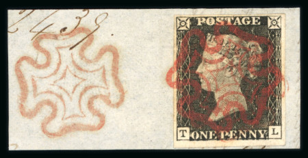 Stamp of Great Britain » 1840 1d Black and 1d Red plates 1a to 11 1840 1d. black, Pl. 2, TL, good to very large margins, neatly tied to small piece by a superb strike of the red Maltese cross