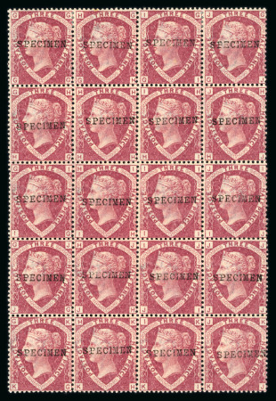 Stamp of Great Britain » 1854-70 Perforated Line Engraved 1870, 1 1/2d rose red pl.3 GG-KJ mint block of 20 overprinted "SPECIMEN" type 9