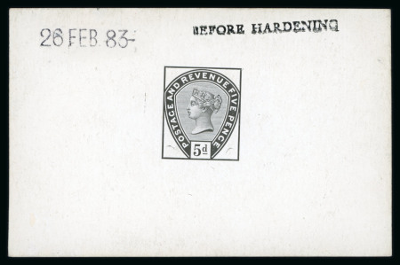 Stamp of Great Britain » 1855-1900 Surface Printed » 1883-84 Lilac & Green Issue 1883 5d showing line under "d" De La Rue die proof in black on glazed card