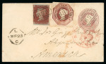 Stamp of Great Britain » 1847-54 Embossed 1854 (Mar 21) 1d rose postal stationery to America, uprated 1841 1d red brown and 1847-54 10d embossed
