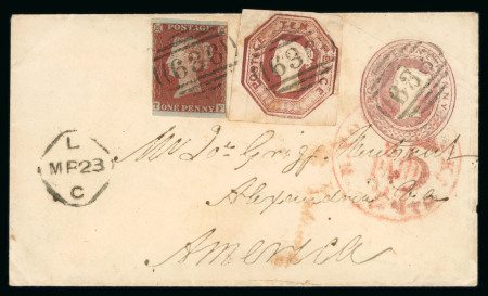 Stamp of Great Britain » 1847-54 Embossed 1854 (Mar 21) 1d rose postal stationery to America, uprated 1841 1d red brown and 1847-54 10d embossed
