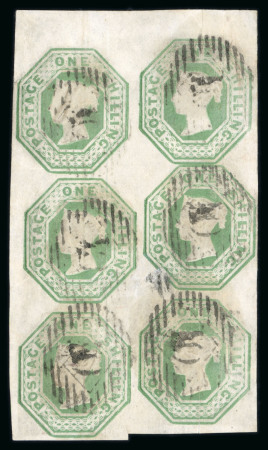 Stamp of Great Britain » 1847-54 Embossed 1847-54 1/- green, a fine used vertical block of six