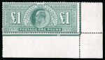 Stamp of Great Britain » King Edward VII » 1911-13 Somerset House Issues 1911 £1 deep green mint n.h. example from the lower right corner of the sheet