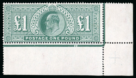 Stamp of Great Britain » King Edward VII » 1911-13 Somerset House Issues 1911 £1 deep green mint n.h. example from the lower right corner of the sheet