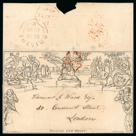 Stamp of Great Britain » 1840 Mulreadys & Caricatures » May Dates 1840 Mulready 1d lettersheet stereo A23 used from Bristol to London with fine strike of the scarce brown MC