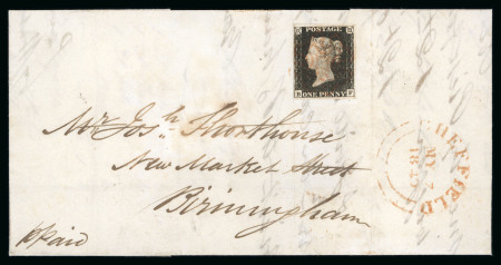 Stamp of Great Britain » 1840 1d Black and 2d Blue "May Dates" 1840 1d black pl.1a BF, close to good margins, used on entire letter from Sheffield to Birmingham