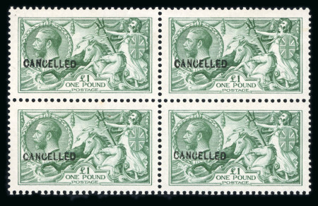 Stamp of Great Britain » King George V » 1913-19 Seahorse Issues 1913 Waterlow, £1 green overprinted "CANCELLED" in mint l.h. block of four