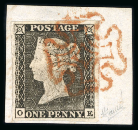 Stamp of Great Britain » 1840 1d Black and 1d Red plates 1a to 11 1840 1d. black pl.1a OE (worn Impression), good balanced margins all round, tied to small piece