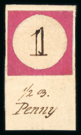 Stamp of Great Britain » 1839 Treasury Competition 1839 Treasury Competition Essays: Anonymous, attributed to James Bogardus showing a hand drawn numeral in pen and ink "1" in the centre of a red border