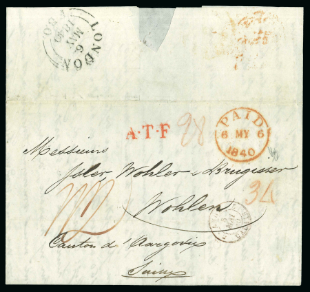 Stamp of Great Britain » Postal History » Pre-Adhesive & Stampless 1840 stampless letter sent to Wohlen, Switzerland with ‘’1/2’’ in manuscript and ‘’Paid 6 MY 1840’’ circular strike in red on front,