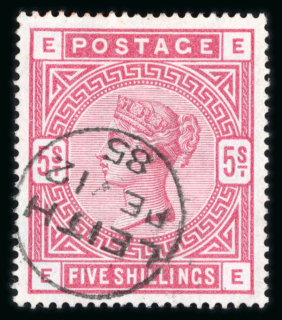 Stamp of Great Britain » 1855-1900 Surface Printed » 1883-84 & 1888 High Values 1883-84 5s rose on blued paper used showing a crisp strike of the Leith cds