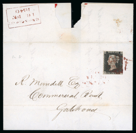 Stamp of Great Britain » 1840 1d Black and 1d Red plates 1a to 11 1840 (Dec 16) entire letter with 1840 1d black pl.3 NE, tied by the Newton Stewart purple-maroon Maltese Cross