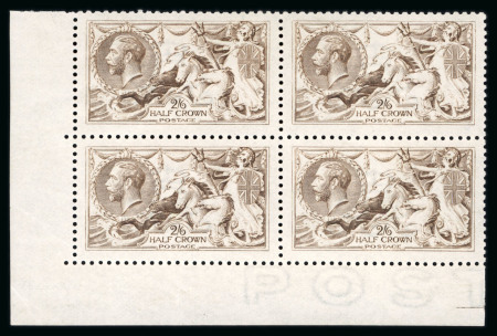 Stamp of Great Britain » King George V » 1913-19 Seahorse Issues 1915 De La Rue 2s6d brown mint corner block of four from the lower right of the sheet