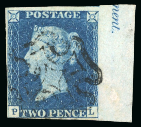 Stamp of Great Britain » 1840 2d Blue (ordered by plate number) 1840 2d blue pl. 2 PL right marginal example showing small part inscription, used