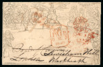 Stamp of Great Britain » 1840 Mulreadys & Caricatures » 1d Lettersheets and Envelopes 1840 (Jul 31) 1d Mulready lettersheet from Grantham with red MC at right contrary to regulations, redirected