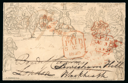 Stamp of Great Britain » 1840 Mulreadys & Caricatures » 1d Lettersheets and Envelopes 1840 (Jul 31) 1d Mulready lettersheet from Grantham with red MC at right contrary to regulations, redirected
