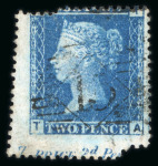 Stamp of Great Britain » 1854-70 Perforated Line Engraved 1854-70 2d. blue, Pl. 7, TA, marginal example from the lower left corner of the sheet neatly cancelled and showing large mis perforation