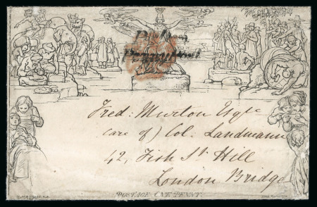 Stamp of Great Britain » 1840 Mulreadys & Caricatures » 1d Lettersheets and Envelopes 1840 (Aug 27) 1d Mulready envelope with Britannia cancelled by smudged "Poulton/Penny Post" in black and red MC