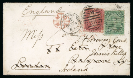 Stamp of Canada 1865 Envelope to England with 1859 12 1/2c green tied by Montreal duplex redirected to Ireland