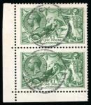 Stamp of Great Britain » King George V » 1913-19 Seahorse Issues 1913 Waterlow £1 green used vertical pair from the lower left corner of the sheet