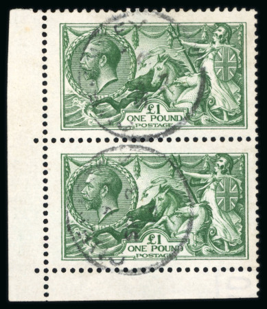 Stamp of Great Britain » King George V » 1913-19 Seahorse Issues 1913 Waterlow £1 green used vertical pair from the lower left corner of the sheet