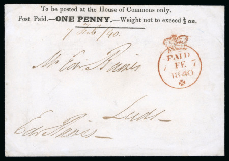 Stamp of Great Britain » 1840 Parliamentary Envelopes 1840 (Feb 7) One Penny House of Commons envelope to Leeds