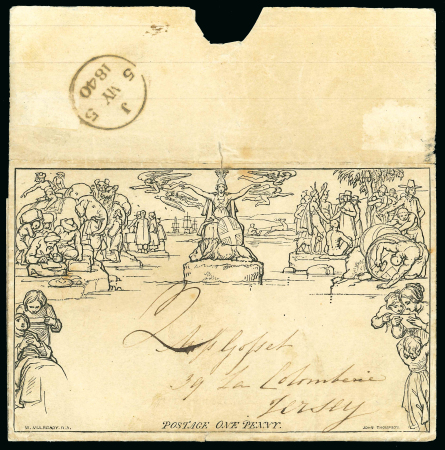 Stamp of Great Britain » 1840 Mulreadys & Caricatures » May Dates 1840 (May 5) Mulready 1d lettersheet, stereo A34, sent to Jersey with ‘’2’’ in manuscript in black for postage due as the Mulready was not yet valid for postage