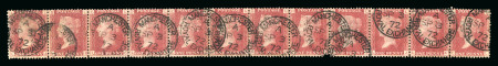 Stamp of Great Britain » 1854-70 Perforated Line Engraved 1864-79 1d red pl.144 LA-LL complete row of 12 neatly cancelled by Manchester cds in black