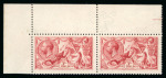 Stamp of Great Britain » King George V » 1913-19 Seahorse Issues 1915 De La Rue 5s bright carmine mint n.h. horizontal pair from the upper left corner of the sheet variety watermark inverted