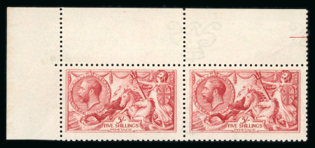 Stamp of Great Britain » King George V » 1913-19 Seahorse Issues 1915 De La Rue 5s bright carmine mint n.h. horizontal pair from the upper left corner of the sheet variety watermark inverted