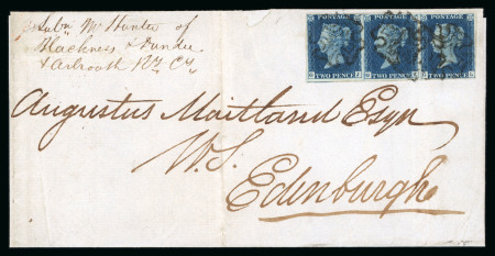 Stamp of Great Britain » 1840 2d Blue (ordered by plate number) 1840 2d deep blue pl.2 GJ-GL strip of three on entire from Dundee to Edinburgh