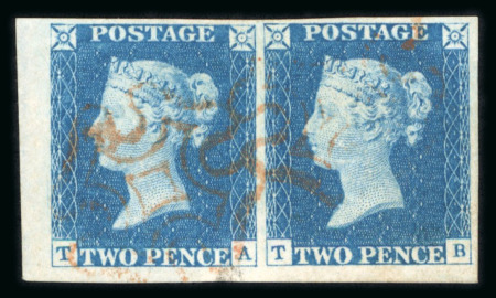 Stamp of Great Britain » 1840 2d Blue (ordered by plate number) 1840 2d blue pl.1 TA-TB used pair from the lower left corner of the sheet