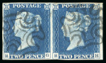 Stamp of Great Britain » 1840 2d Blue (ordered by plate number) 1840 2d. blue, Pl. 1, RG-RH pair, good to large margins,