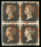 Stamp of Great Britain » 1840 1d Black and 1d Red plates 1a to 11 1840 1d black pl.4 QK-RL in block of 4 with four margins, cancelled by red MCs