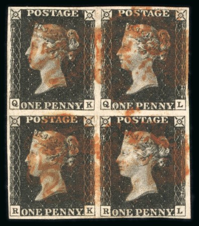 Stamp of Great Britain » 1840 1d Black and 1d Red plates 1a to 11 1840 1d black pl.4 QK-RL in block of 4 with four margins, cancelled by red MCs