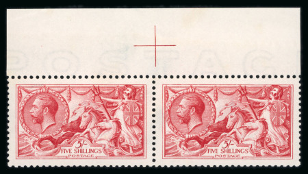 Stamp of Great Britain » King George V » 1913-19 Seahorse Issues 1913 Waterlow 5s deep carmine mint n.h. horizontal pair from the top of the sheet