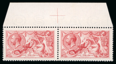 Stamp of Great Britain » King George V » 1913-19 Seahorse Issues 1913 Waterlow 5s rose carmine mint n.h. horizontal pair from the top of the sheet,