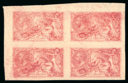 Stamp of Great Britain » King George V » 1913-19 Seahorse Issues 1913 Waterlow 5/- plate proof block of four in carmine
