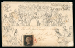 Stamp of Great Britain » 1840 Mulreadys & Caricatures » Caricatures 1840 Fores’s Musical Envelope, No.2, from Darlington to Bath, with ‘’Heighington Penny Post’’ handstamp on front, bearing 1d black