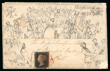 Stamp of Great Britain » 1840 Mulreadys & Caricatures » Caricatures 1840 Fores’s Musical Envelope, No.2, from Darlington to Bath, with ‘’Heighington Penny Post’’ handstamp on front, bearing 1d black