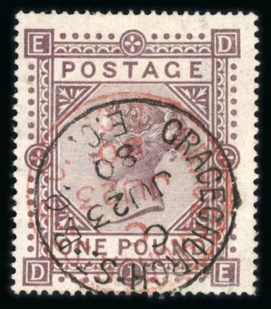 Stamp of Great Britain » 1855-1900 Surface Printed » 1867-83 High Values 1867-83 £1 brown-lilac DE used with Greenchurch St cds in both red and black