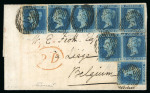 Stamp of Great Britain » 1841 2d Blue 1845 (Mar 4) entire letter to Belgium bearing 1841 2d blue pl.3 horizontal strip of four, pair and two singles