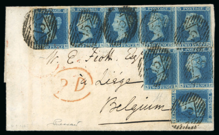 Stamp of Great Britain » 1841 2d Blue 1845 (Mar 4) entire letter to Belgium bearing 1841 2d blue pl.3 horizontal strip of four, pair and two singles