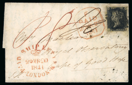 Stamp of Great Britain » 1840 1d Black and 1d Red plates 1a to 11 1841 (Mar 19) entire letter (reduced) from Hitchin to the Cape of Good Hope, bearing 1840 1d black pl. 5