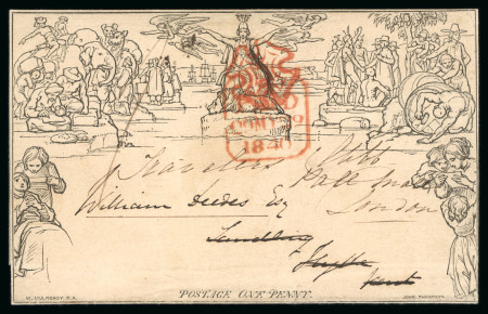 Stamp of Great Britain » 1840 Mulreadys & Caricatures » 1d Lettersheets and Envelopes 1840 (May 29) 1d Mulready lettersheet cancelled by a red Maltese Cross and a London tombstone ds